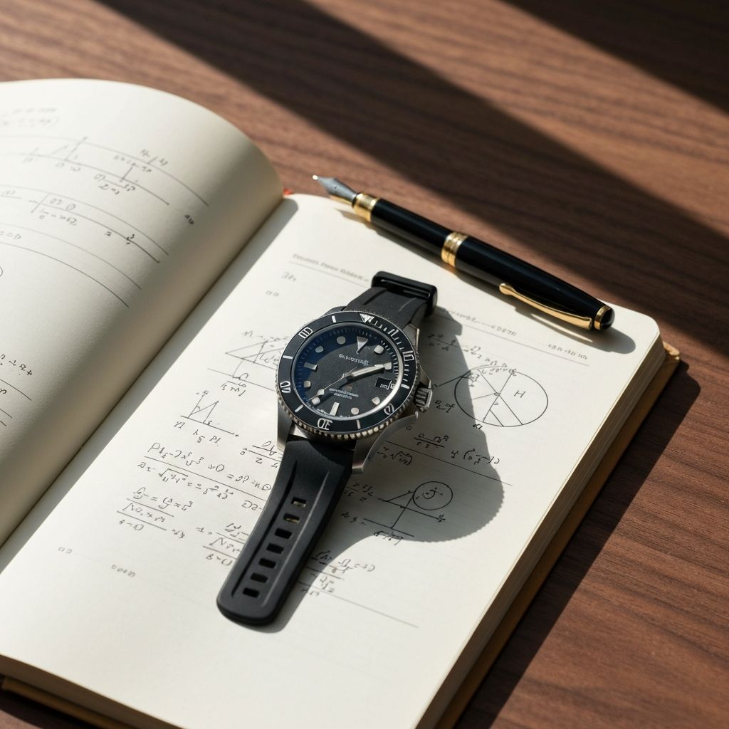 Dive watch with black rubber strap on a walnut desk