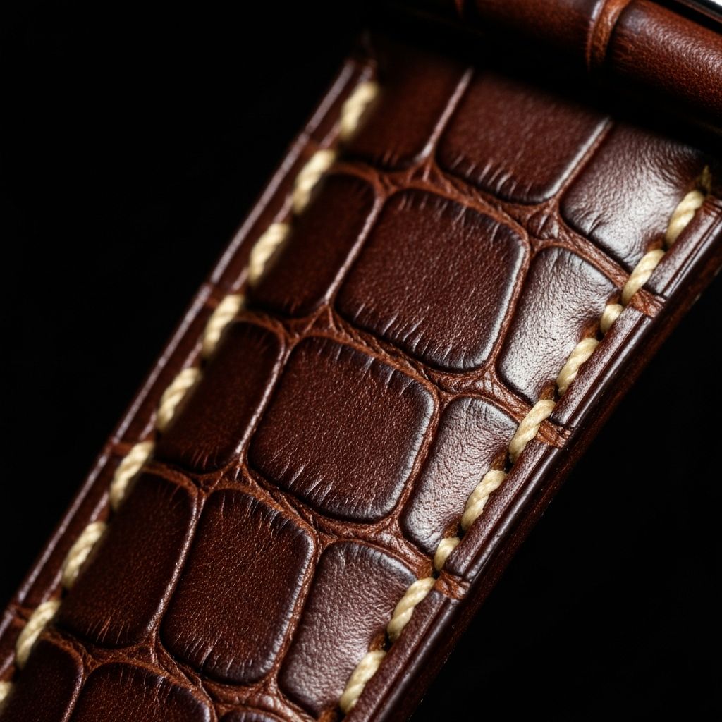Macro detail of contrast stitching on a leather strap