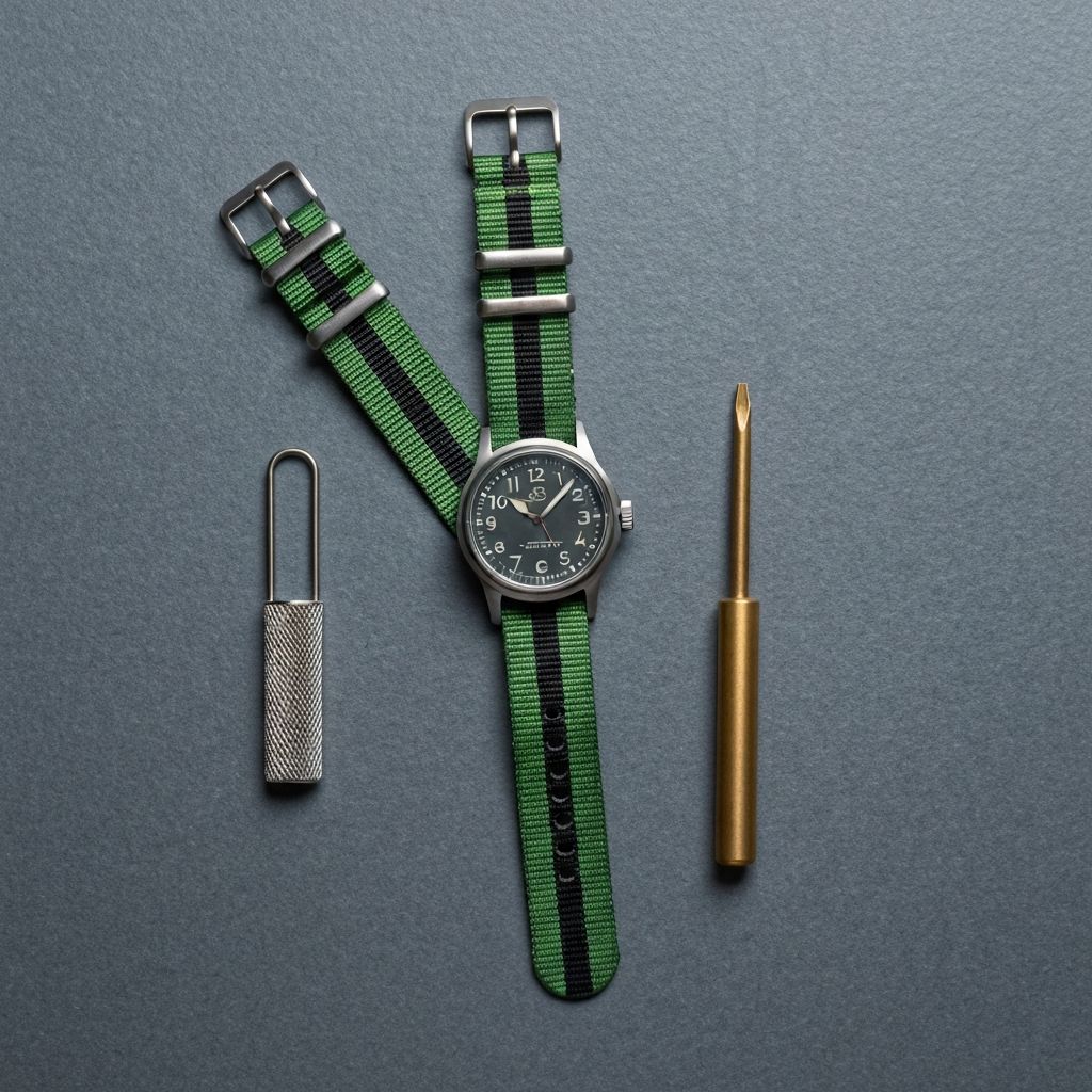 Field watch on a striped NATO strap with tools
