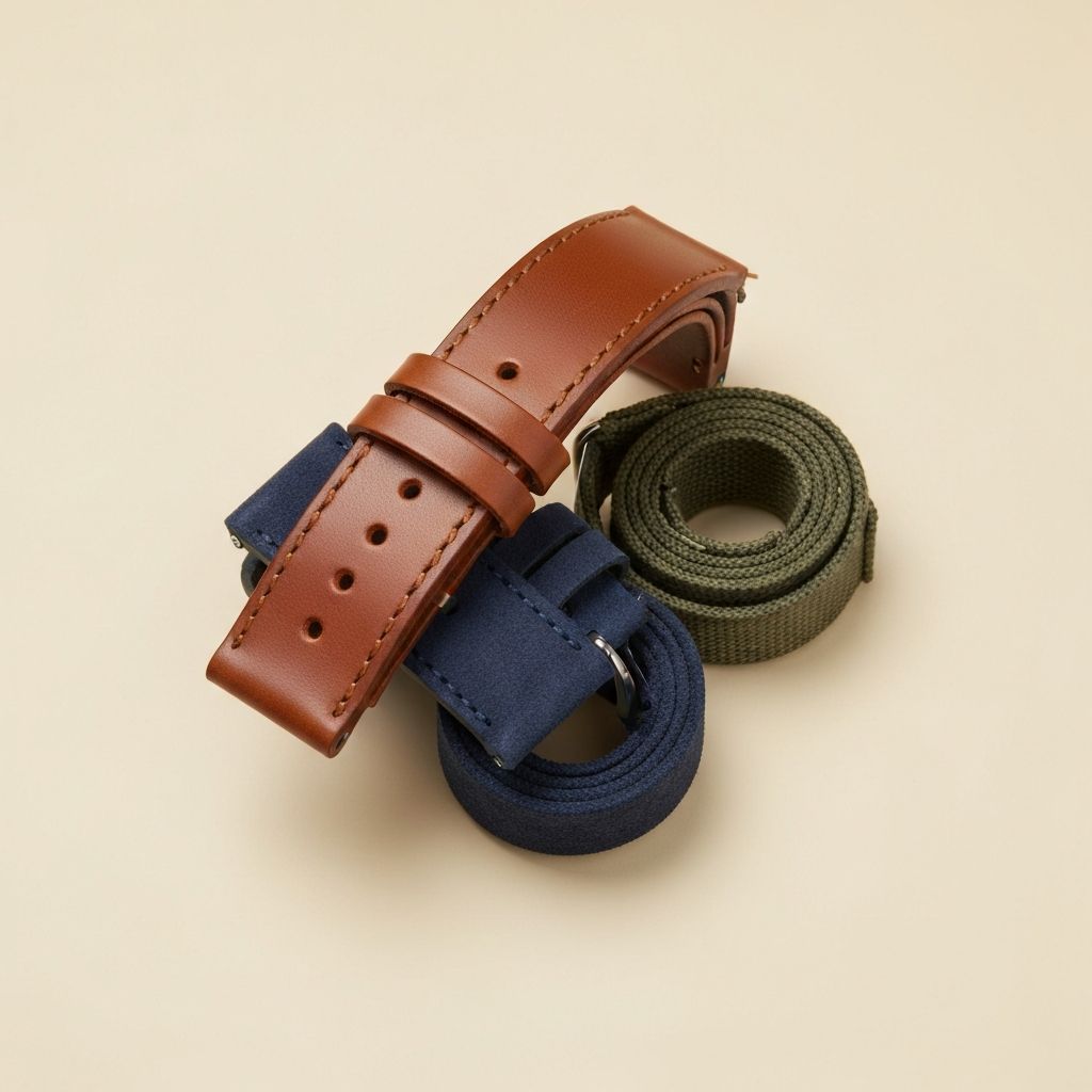 Stack of three rolled premium watch straps