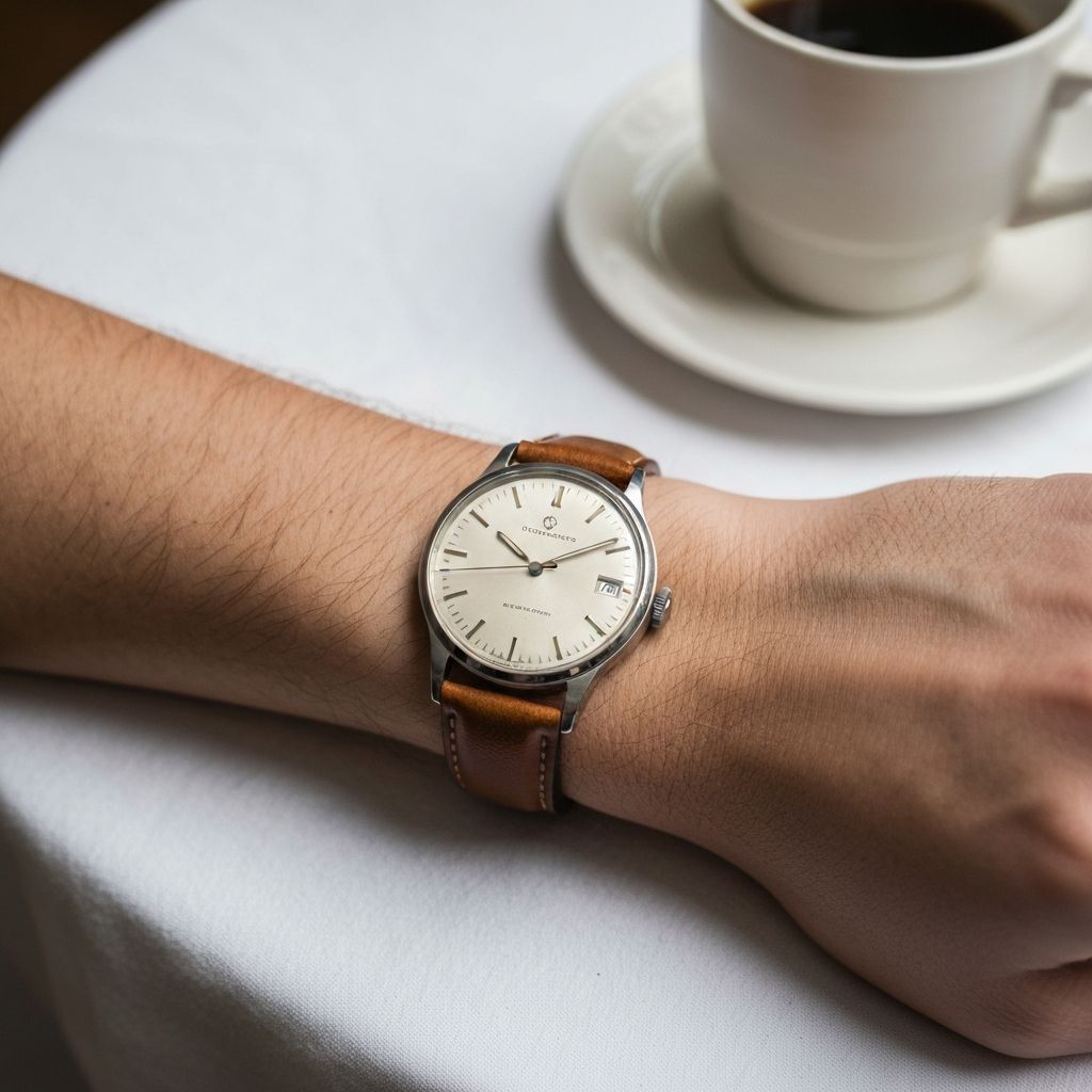 Wrist shot of a vintage dress watch on a tan leather strap